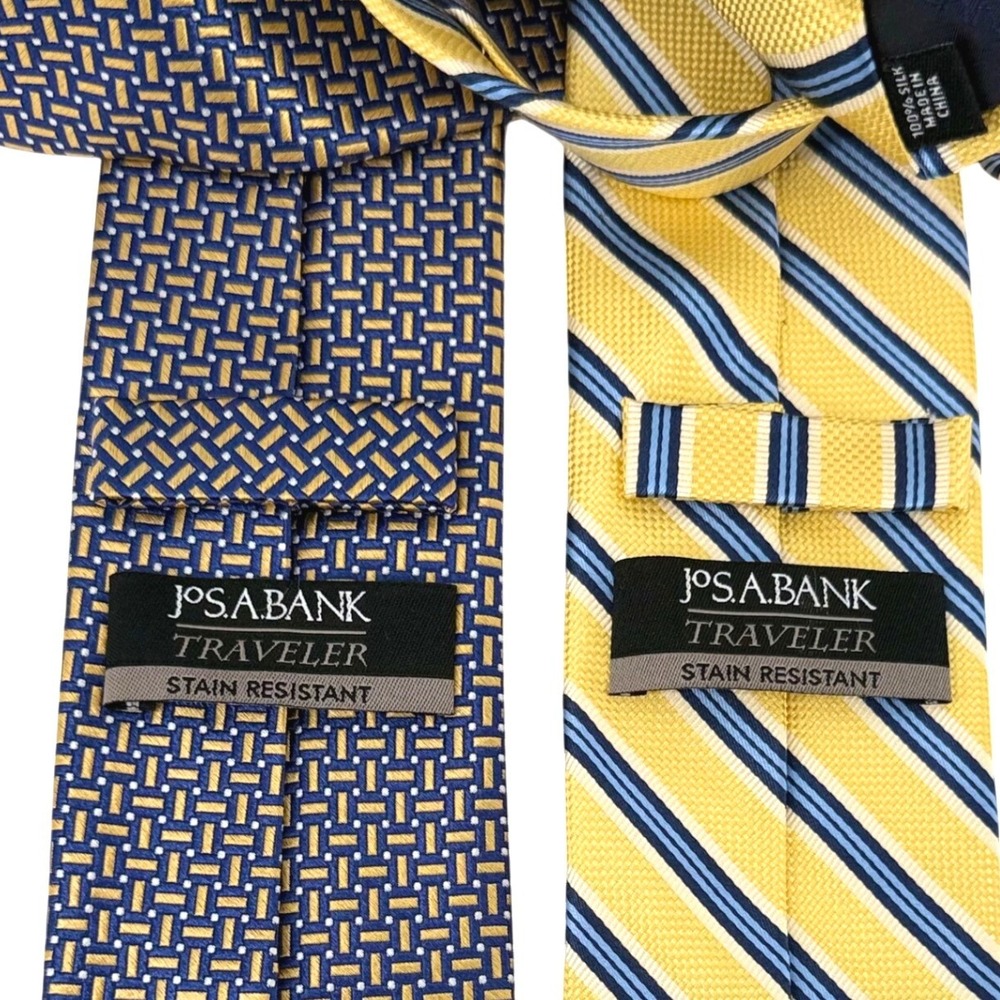 Jos A Bank Traveler Mens Silk Tie Lot 2 Navy Gold Geometric Yellow Blue Striped